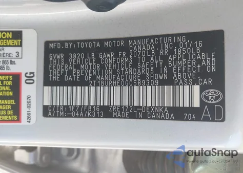 2016 Toyota Corolla Le from USA, damaged, VIN 2T1BURHE0GC589309